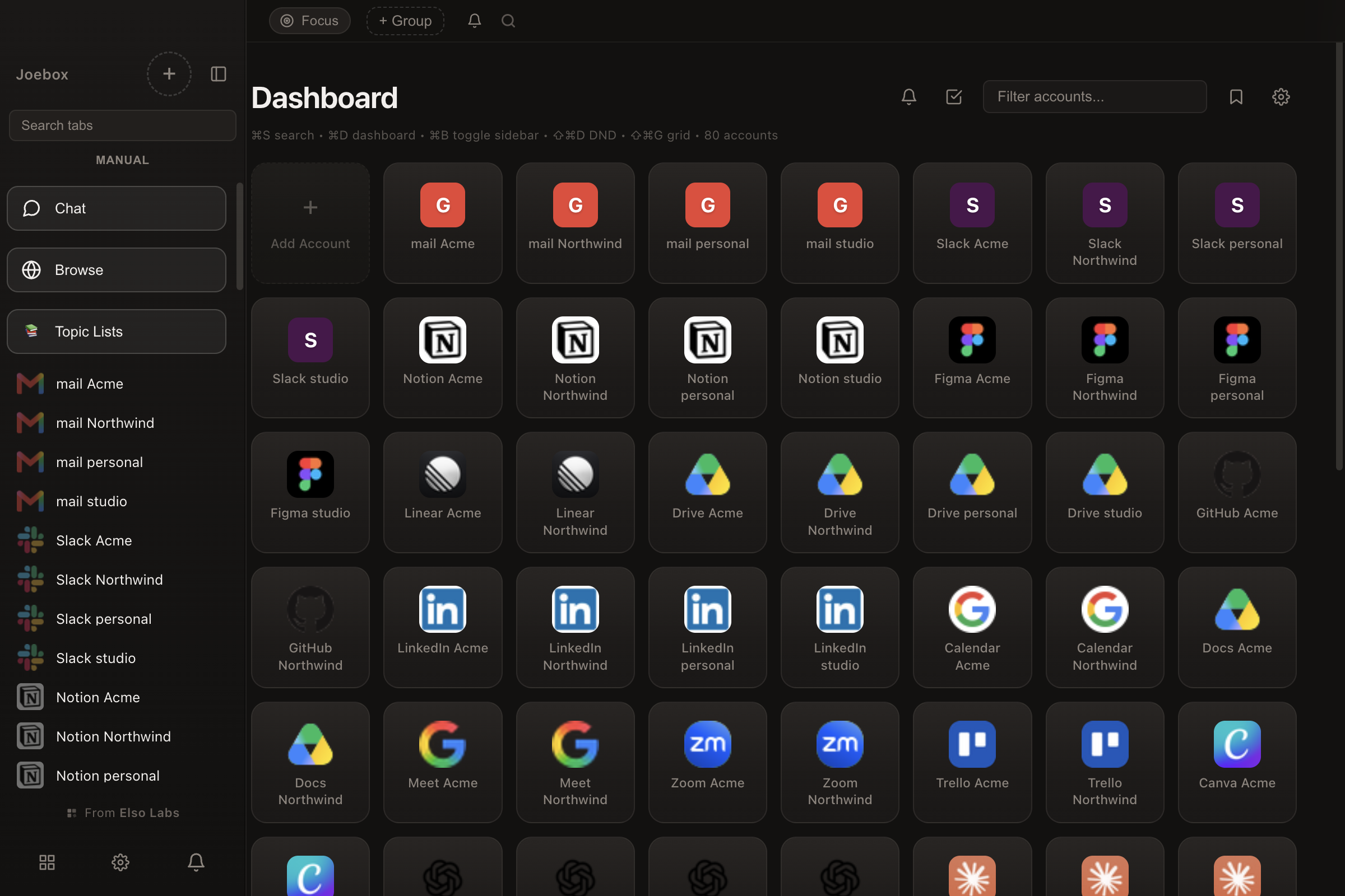 The Joebox dashboard: sixteen accounts signed in at once, grouped by client, with Gmail, Slack, WhatsApp, LinkedIn, Notion, Linear, GitHub, Figma, Instagram, X, ChatGPT, Claude and Google Calendar