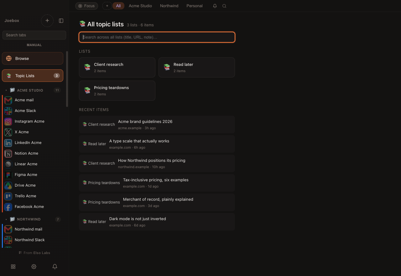 Topic Lists in Joebox: pages saved from different accounts, each with a note on why it was kept, searchable across every list