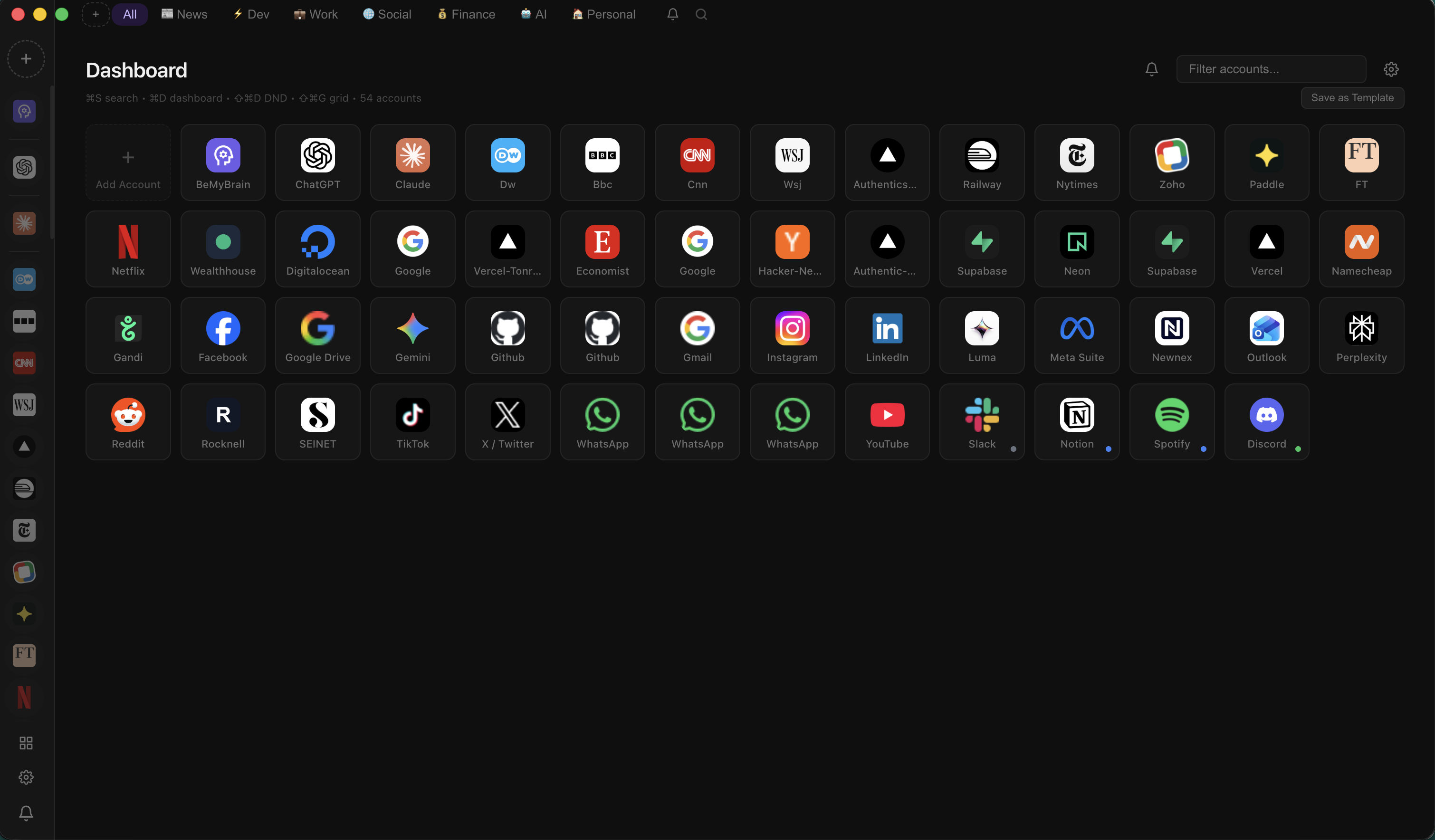 Joebox dashboard with 54 accounts — ChatGPT, Claude, WhatsApp, Gmail, LinkedIn, Reddit and more in one app